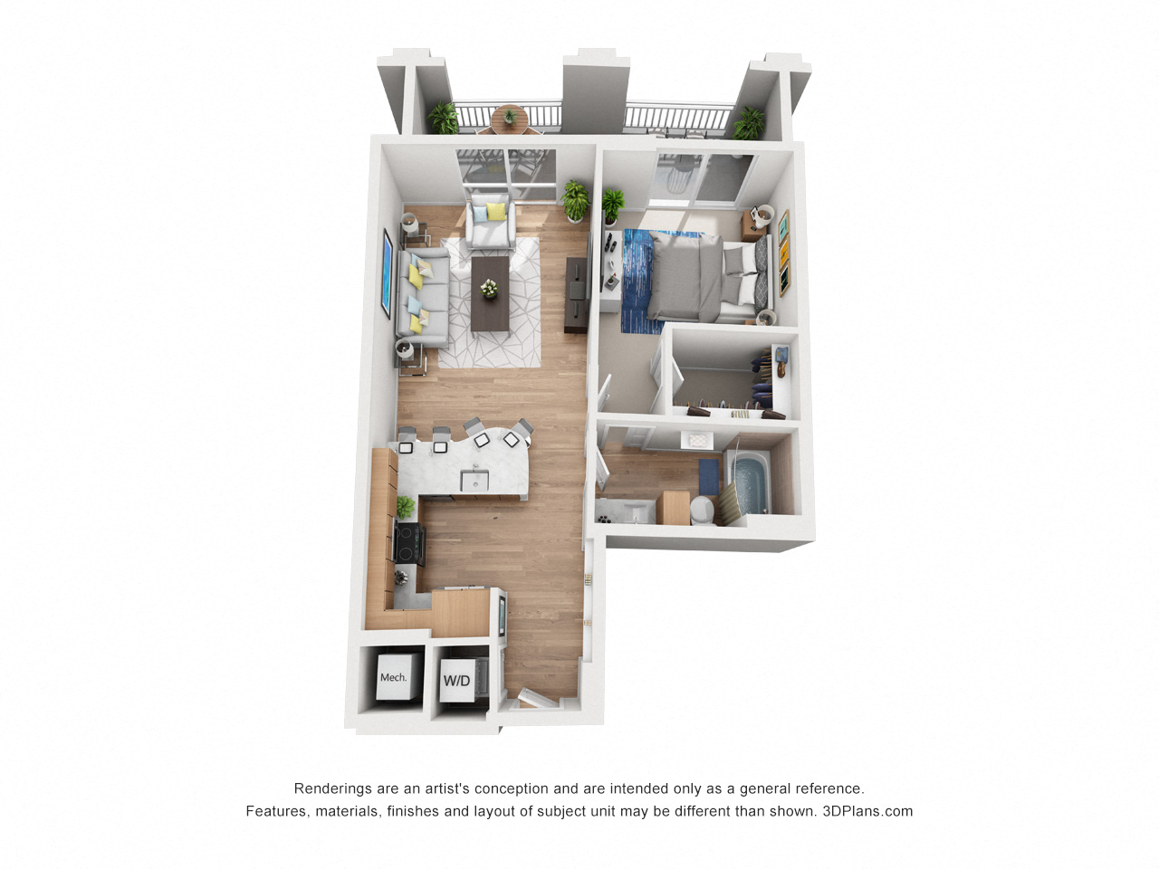 Floor plan for 1 bed, 1 bath, 769 sqft